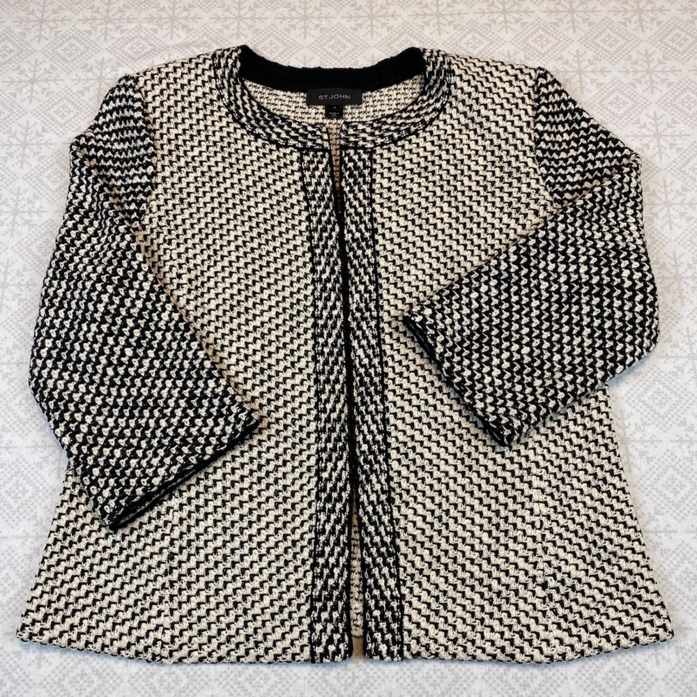 St John Collection Knit Jacket Womens 14 Black White Wool Zip USA Office Career